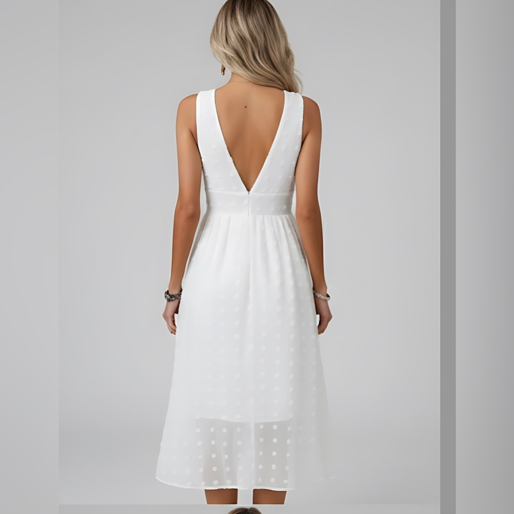 LAST ONE 🔥 White Swiss Dot Ruched Bust Sleeveless A-line Dress - Picture 4 of 6